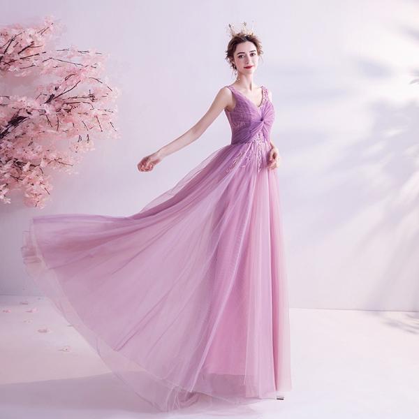 V-neck evening dress, chic prom dress,purple party dress,,custom made