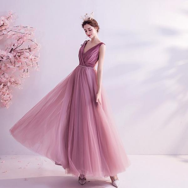 V-neck evening dress, chic prom dress,pink party dress,,custom made