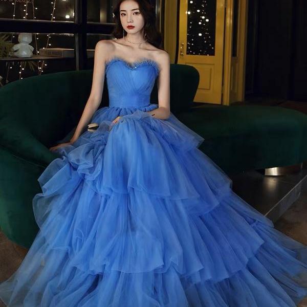 Strapless prom dress,blue evening dress,elegant party dress,cute cake birthday dress,Custom Made
