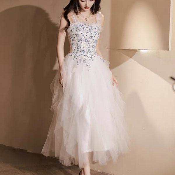 Spaghetti strap prom dress,cute midi dress,white dress,Custom Made