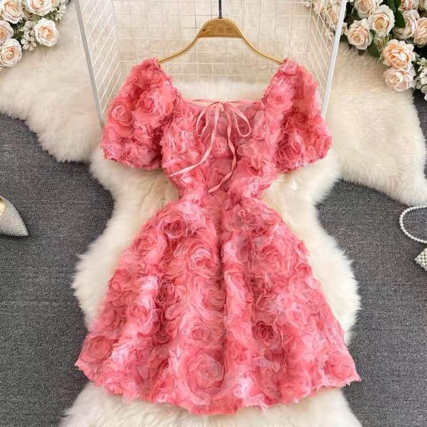 Square collar, bubble short sleeve waist slimming A-line dress, pink 3D rose petal temperament sweet dress