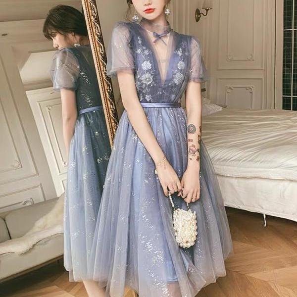 Temperament birthday dress,luxury midi dress , beauty party dress,gray prom dress,Custom Made