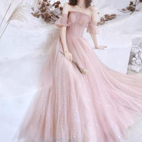Off shoulder evening dress, pink party dress,fairy prom dress,glitter bridesmaid dress,custom made