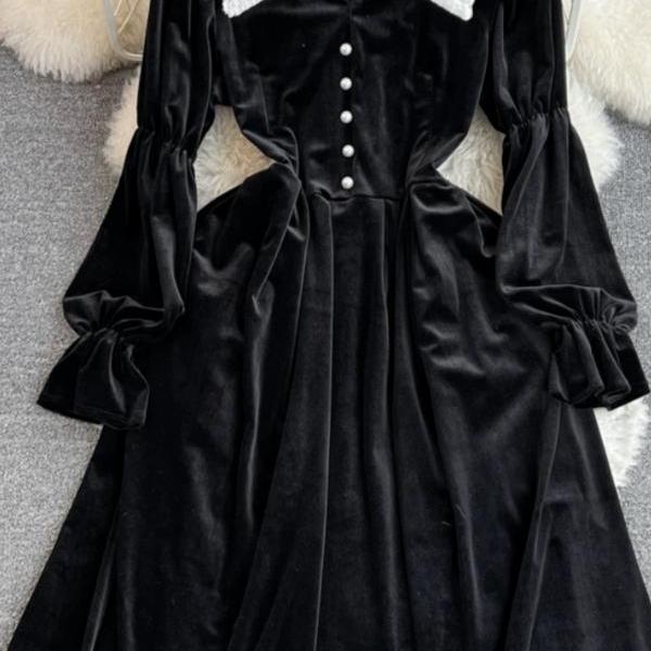 Cute dress, long sleeve doll collar waist slimmer mid-length dress, A-line velvet black dress