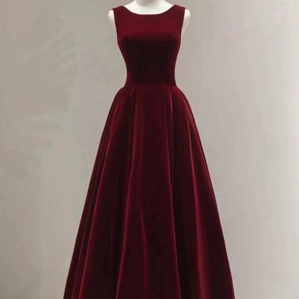 High quality velvet evening gown, sleeveless evening gown, Burgundy party dress