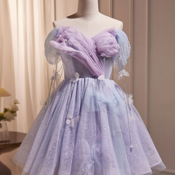 sachin and babi light blue dress Purple Off Shoulder Tulle Short Prom Dress, Purple Homecoming Dress on  Luulla