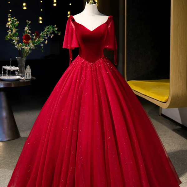 A-Line Pleated Tulle Floor-Length Dress Burgundy