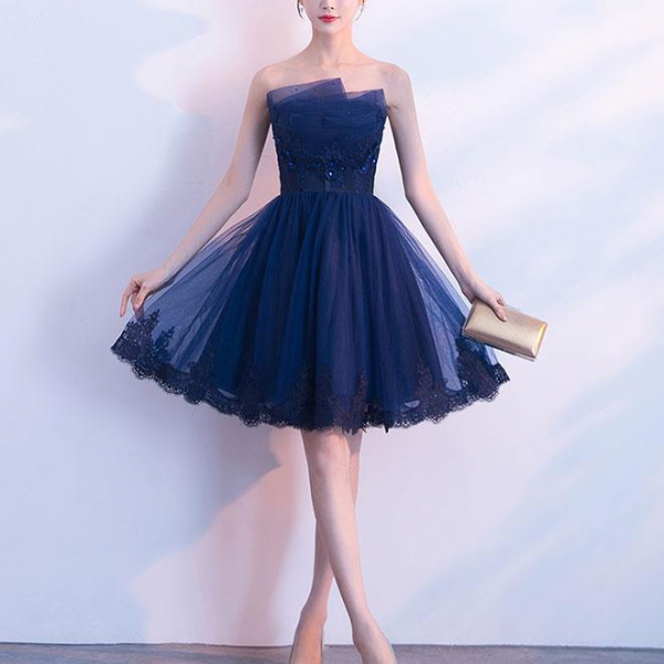 Cute Dark Blue Tulle Lace Short Prom Dress,Strapless homecoming Dress