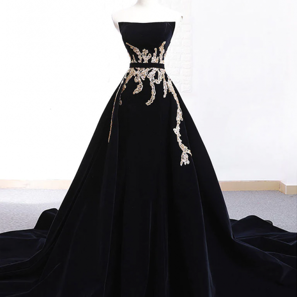 Black Velvet Sweep Train Long Prom Dress, Black Velvet Long Evening Dress