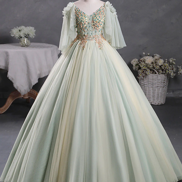 Green A-Line 3D Lace Long Prom Dress, Green Lace Sweet 16 Dress