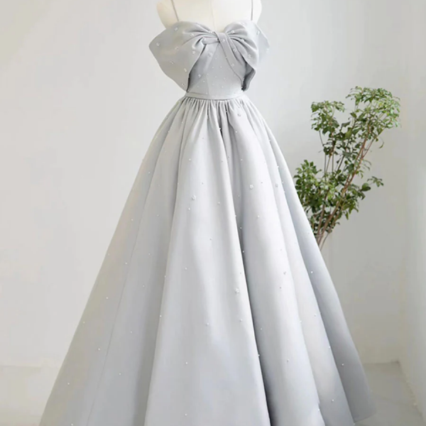 A-Line Satin Gray Long Prom Dresses, Gray Long Formal Dresses