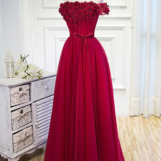 Burgundy Off The Shoulder Dress Floor Length Prom Dress With Hand Made Flowers Belt