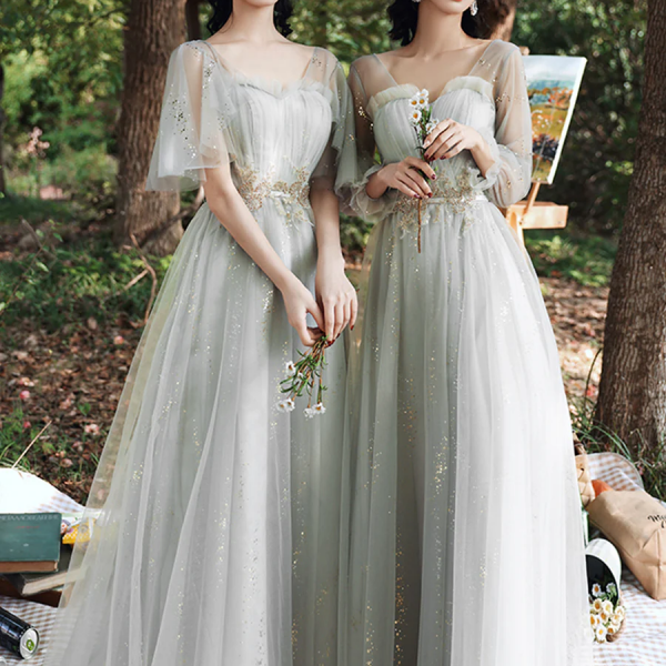 Grey Lace Long Prom Dresses, A-Line Evening Dresses