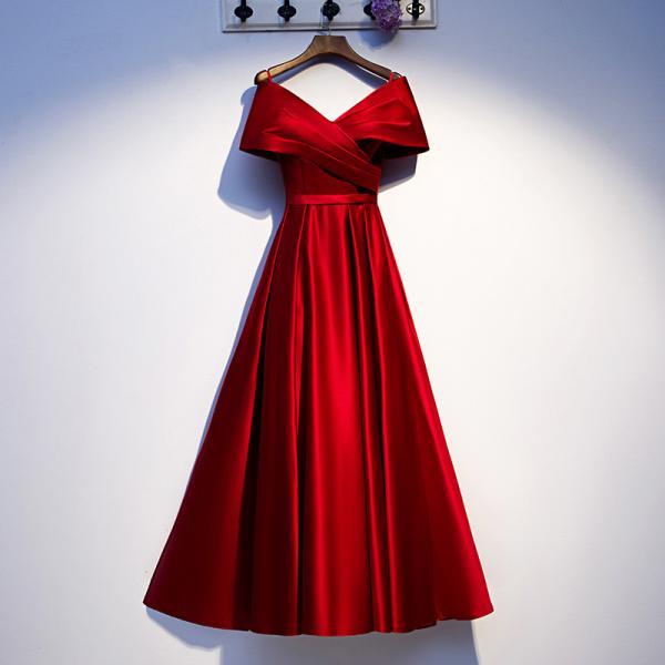 Red Satin Prom Dress, Off Shoulder Evening Dress