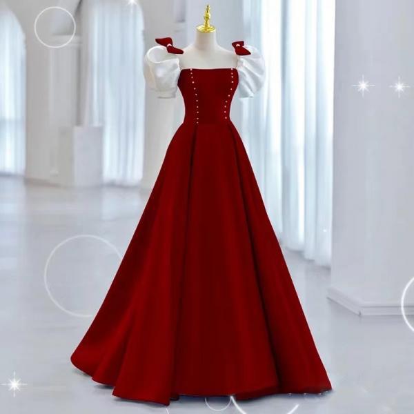 Red Satin Prom Dress, Sweet Square Neck Evening Dress With Bow