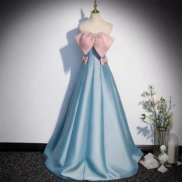Sky Blue Satin Prom Dress, Sweet Party Dress With Bow