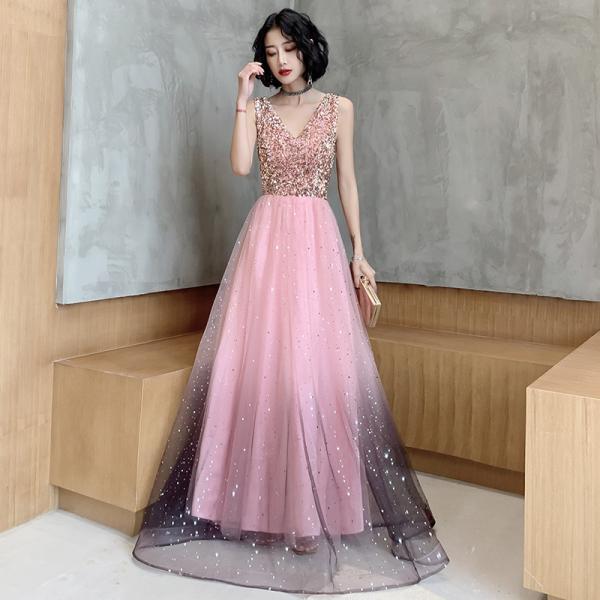 Pink Tulle Long A-line Prom Dress,Shiny V-neck Party Dress
