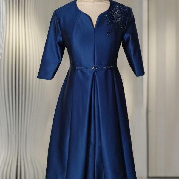 Royal blue Satin Midi a-line Prom Dress,Formal V-neck Party Dress wedding guest dress