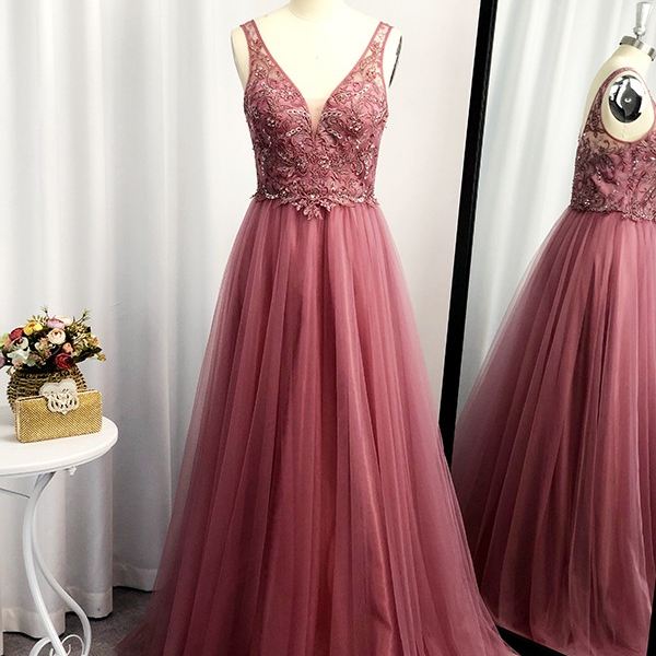 Sexu A-line Tulle Lace V-neckline Formal Prom Dress, Beautiful Long Prom Dress, Banquet Party Dress