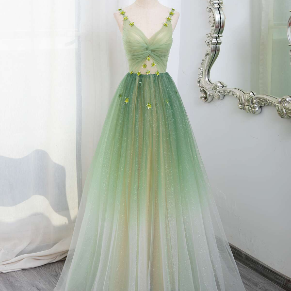 Green Gradient A-Line Tulle V-Neckline Long Party Dress, Green Tulle Prom Dress