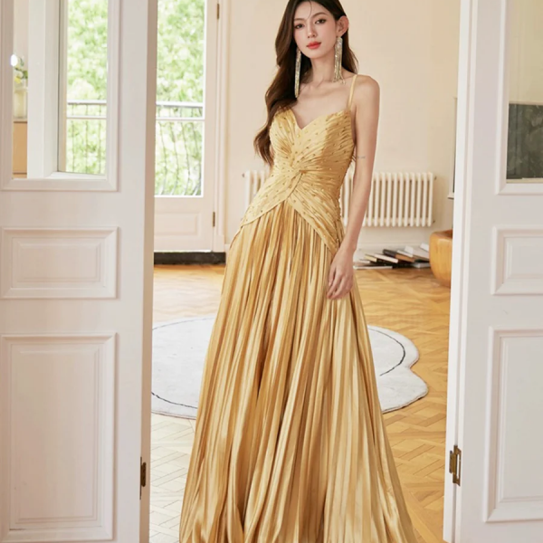 Unique Spaghetti Straps Satin Long Prom Dress, Gold V-Neck Backless Evening Party Dress
