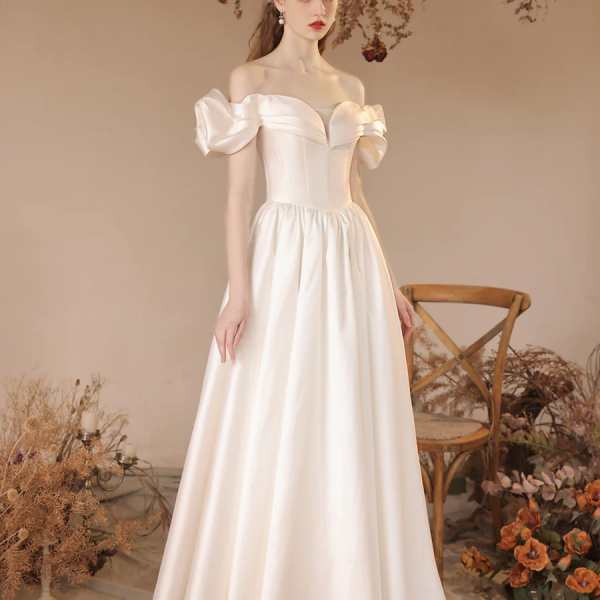 White Satin Floor Length Formal Dress, A-Line Off Shoulder Evening Dress Prom Dress
