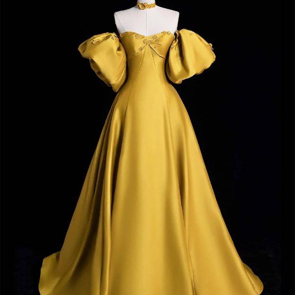 Yellow Satin Long Prom Dress, Off the Shoulder A-Line Evening Party Dress