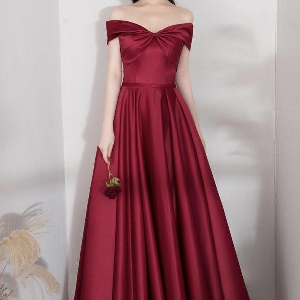 Red party dress, off shoulder prom dress, elegant satin evening dress