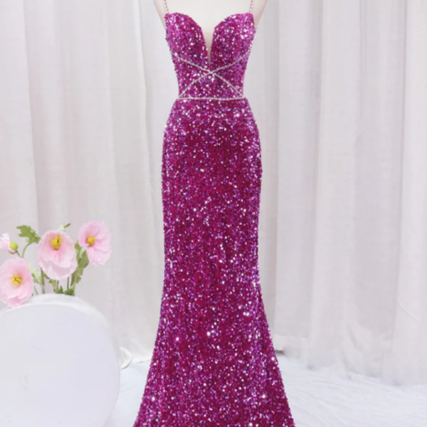 Sexy Mermaid Sequin Long Prom Dress, Luxury Hot Pink Long Evening Dress
