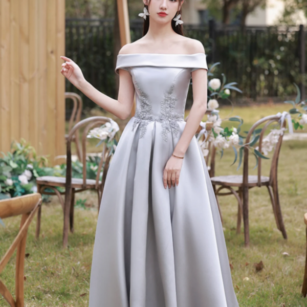 Gray party dress, off shoulder prom dress, formal satin evening dress with applique elegant wedding guest dress