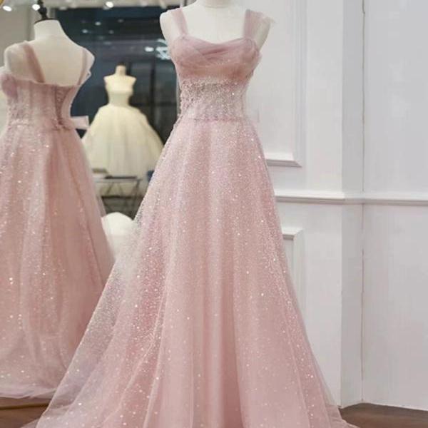 Fairy A-Line Sequin Long Prom Dress, Luxury Pink Long Evening Dress