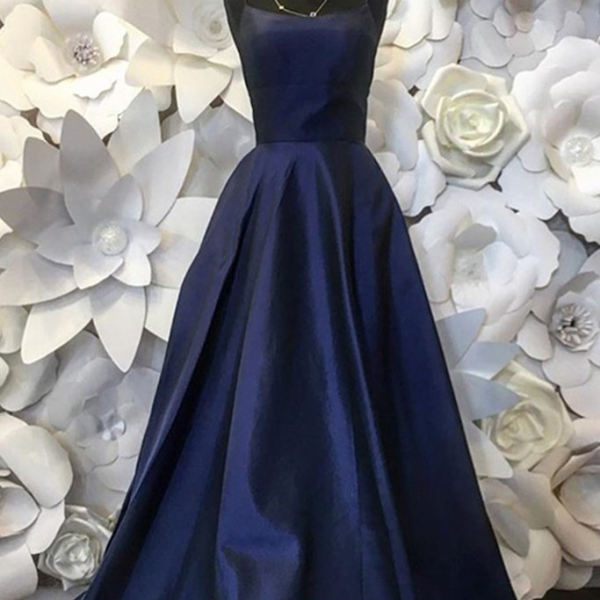Navy blue party dress, spaghetti strap prom dress, sexy satin evening dress