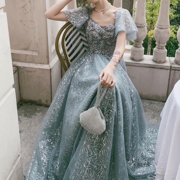 Gray party dress, off shoulder prom dress, unique glitter evening dress