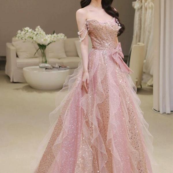 Pink evening dress, fairy wedding dress, luxury party dress