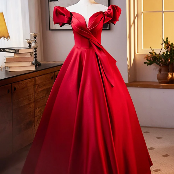 Red Satin Floor Length Prom Dress,Off Shoulder Evening Dress Elegant Ball Gown Dress