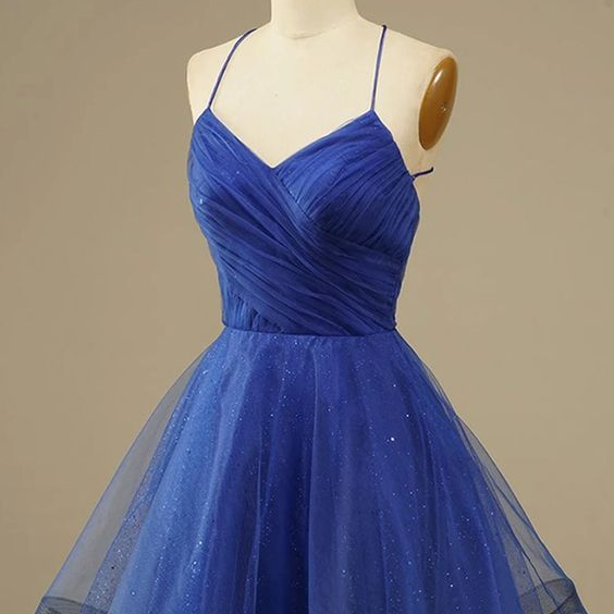 Strap party dress,tulle homecoming dress,royal blue graduation dress