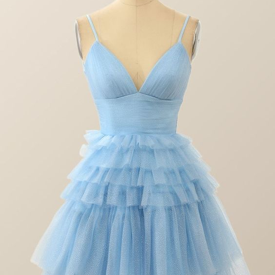 Spaghetti strap party dress,blue prom dress cute homecoming dress