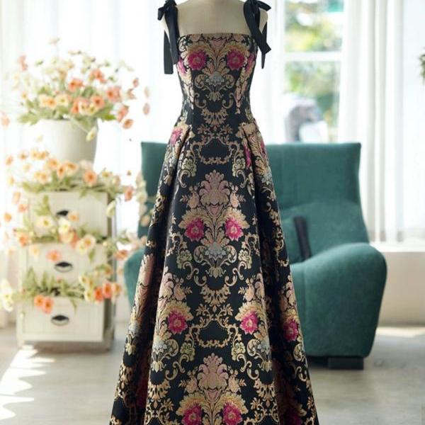 Spaghetti strap party dress,jacquard prom dress,vintage floral dress