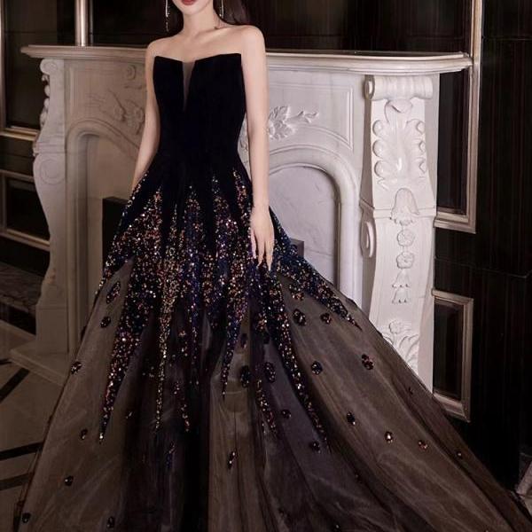 Strapless party dress,black prom dress luxury shiny evening dress