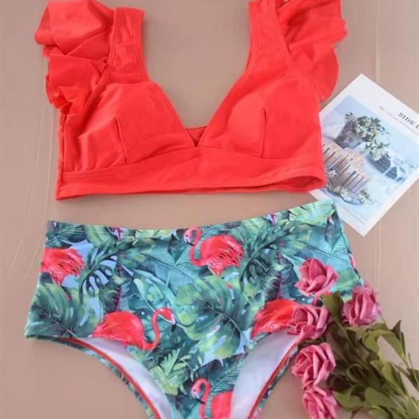 Women flamingo Swim Dress, Vintage flamingo Print Swimsuit, flamingo two piece Swimsuit,flamingo bikini