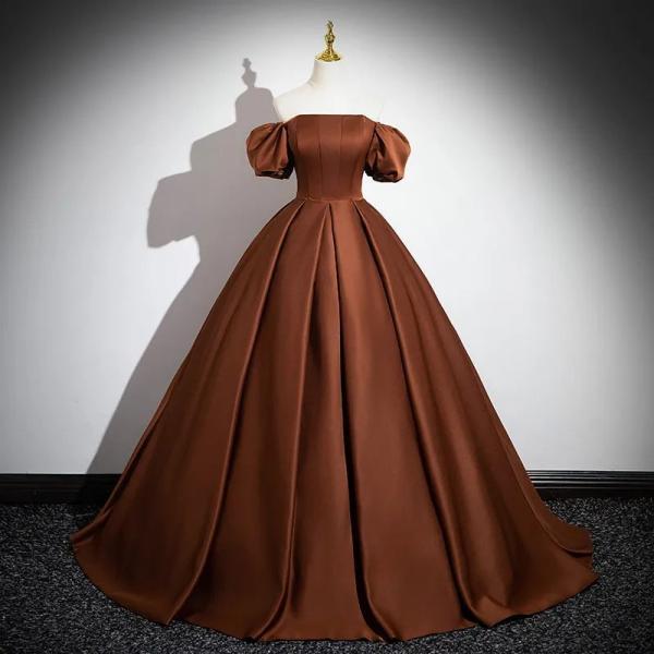 Off-shoulder Brown Satin Puffy Sleeve Gown on Luulla