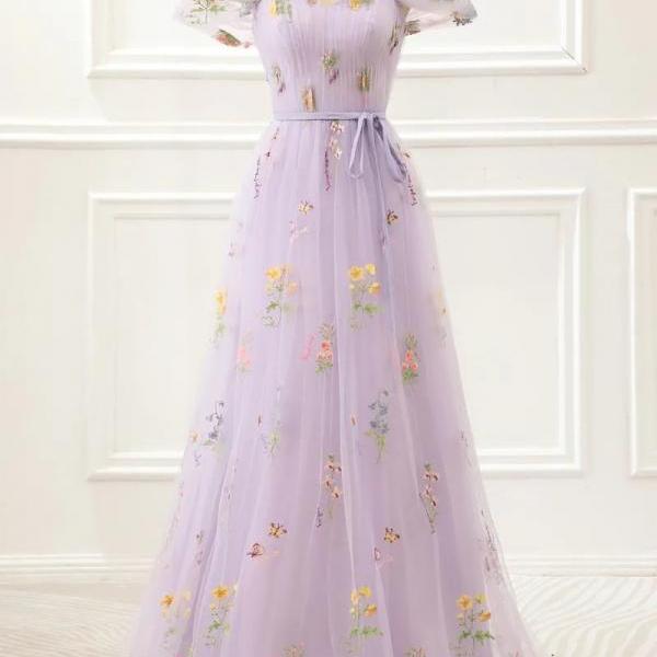 green emerald velvet dress Wedtrend Women Lavender Prom Dress A-Line V-Neck Embroidery Long Formal Dress with Short Sleeves, Lavender / US22W