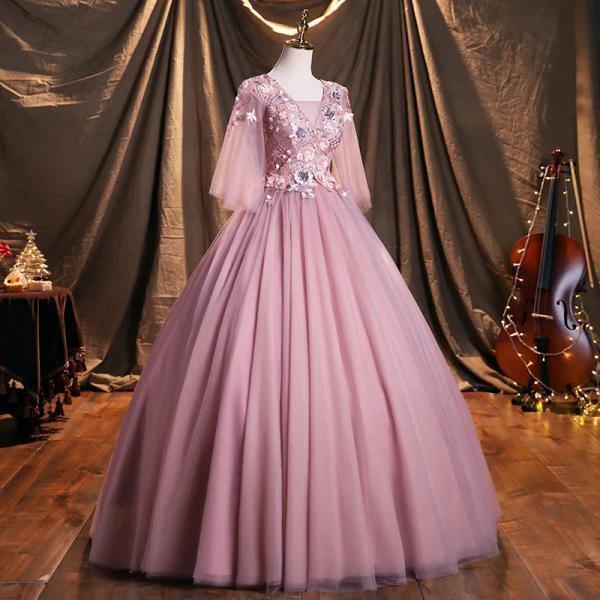 Satin V-Neck Gown with Puff Sleeves and Bow Dusty Sage main image 1