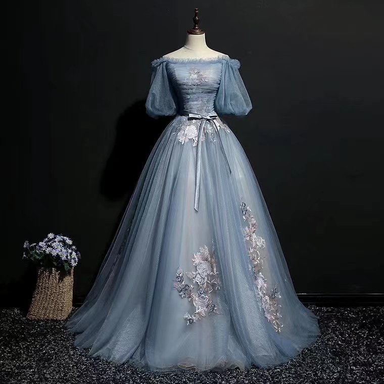 Unique Gray Blue Tulle Lace Applique Long Prom Dress, Gray Blue Evening ...