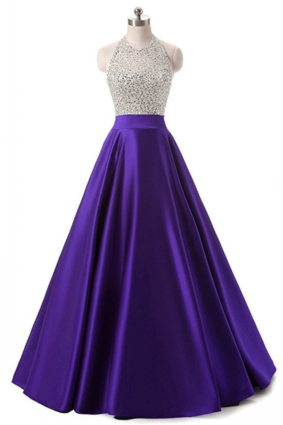 High Quality Purple Satin Beaded Long Prom Dresses Halter Sexy Evening Dress Ball Gowns On