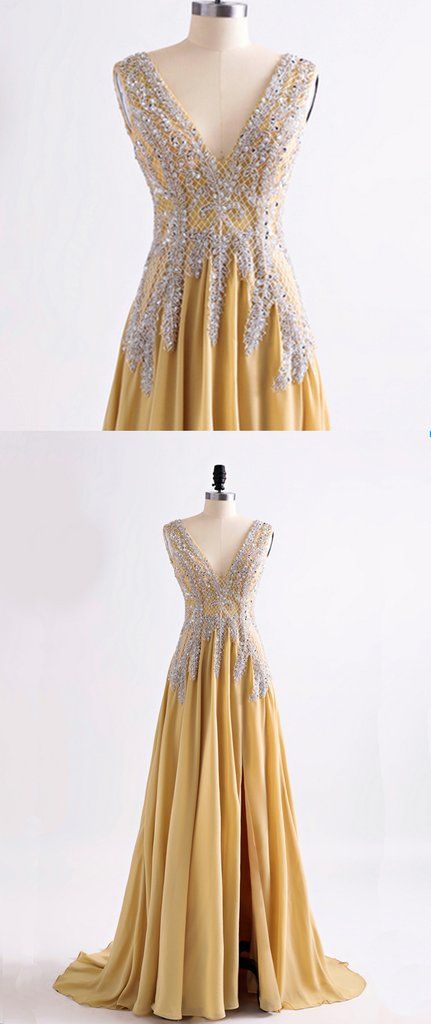 Light Yellow Square Neck Long Sleeves Beaded Side Slit Back Zipper A-Line Evening Formal Dress