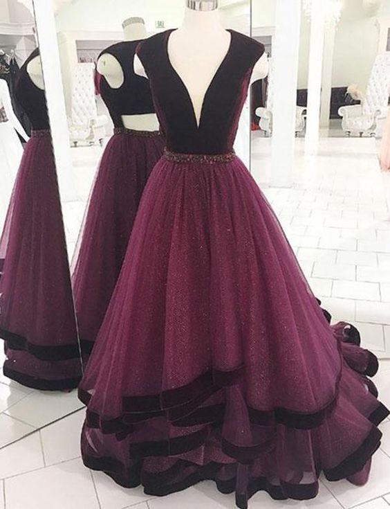 A-line Deep V-neck Floor Length Burgundy Tulle Prom/evening Dress With ...