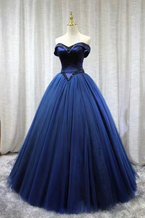 Navy Blue Off Shoulder Evening Dress, Long Bouffant Dress, Luxurious ...