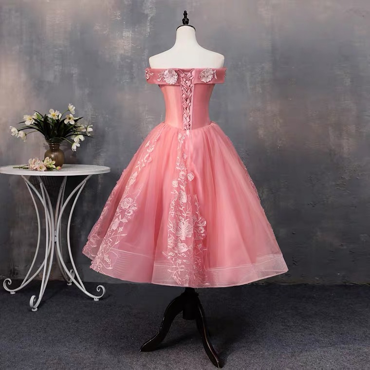 Off Shoulder Evening Dress, Short Bouffant Dress, Pink Bridesmaid Dress ...