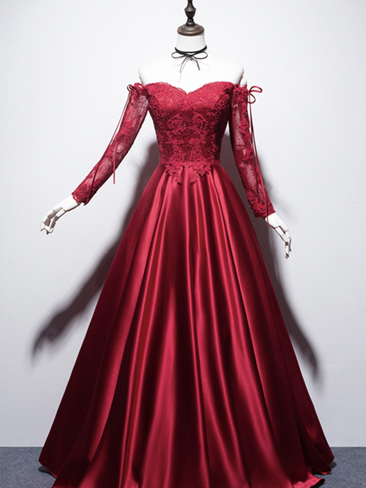 Burgundy ,off Shoulder Prom Dress ,Long Sleeve Evening Dress,Custom ...